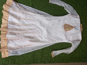 Elegant White &amp; Gold Anarkali Gown