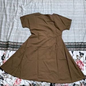 Brown A-Line Tie-Waist Dress with 2 pockets