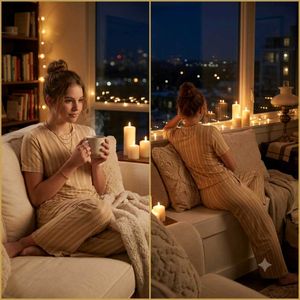 😴Beige Cozy Striped Co-ord Set / Night Suit ✨