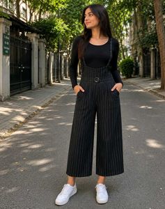 Pinstripe Wide-Leg Pants with Suspenders