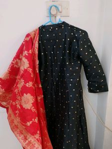 Black Gown With Red Banarsi Dupatta