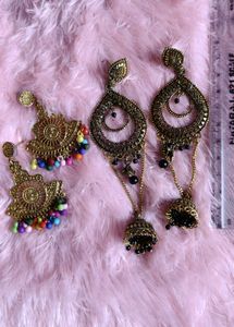 Antique Gold Jhumka Earrings with Colorful Beads