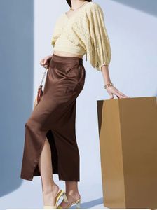 Brown Satin Pencil Midi Skirt