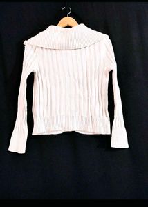 Women Korean White Ribbed Sweater