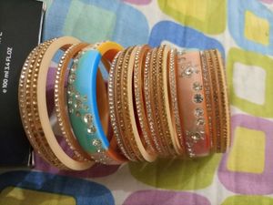 Sparkly Pink & Yellowish, Cream Colour Chura Set💛