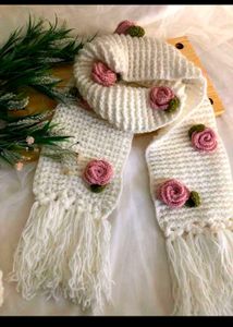 Handmade White Scarf with Pink Roses