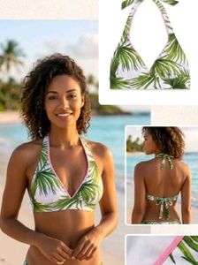 Tropical Leaf Print Halter Bikini Top