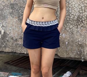 Navy Blue Ruffle Shorts with Lace Detail
