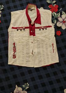 Sleeveless White & Red Casual Shirt
