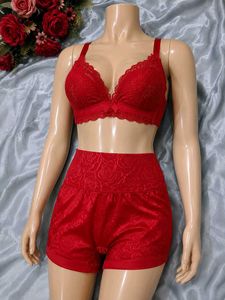 Red Lace Bra & High-Waisted Shorts Set