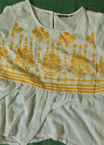 White &amp; Yellow Embroidered Peplum Top