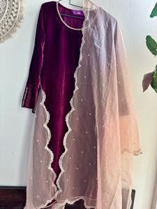 Velvet Embroidered Suit set with pant &amp; dupatta