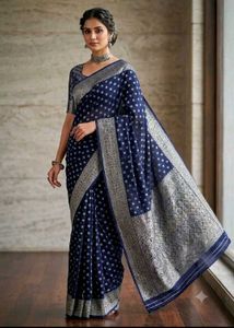 New Elegant Navy Blue Saree with Silver Border