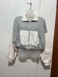 Grey & White Cropped Zip-Up Jacket