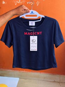 Navy Blue "MAGICNT" Cropped T-Shirt