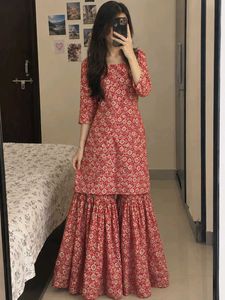 Red Floral Kurta Set with Sharara Pants