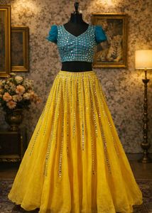 Stunning Yellow &amp; Teal Lehenga Choli Set
