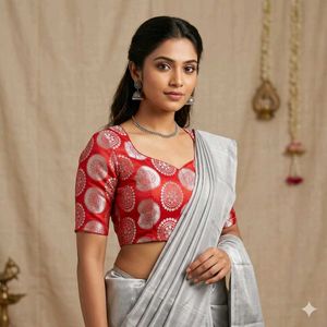 Red Brocade Blouse with Silver Motifs