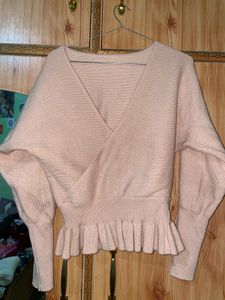 Soft Pink Ruffled Wrap Sweater