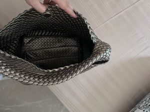 Stylish Woven Handbag with pouch - Dull Gold