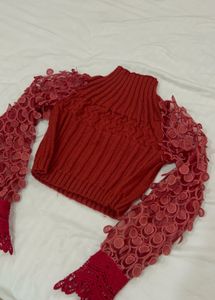 Chic Red Ribbed Knit Top with Lace Sleeves