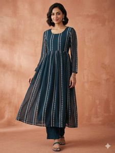 Elegant Teal Kurta Set with Striped Detail