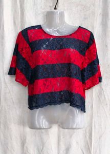 Red & Navy Striped Lace Top