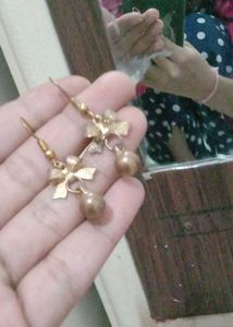 Gold Bow &amp; Pearl Drop Earrings