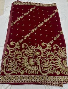 Y2K Exquisite Red Embroidered Saree without blouse