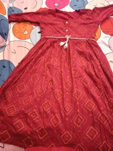Red Geometric Print Kurta with Tassel Belt