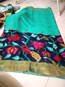 Beautiful Teal Saree with Floral Print