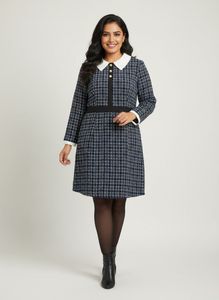 Blue & White Winter Tweed Plaid Dress For 34 Bust