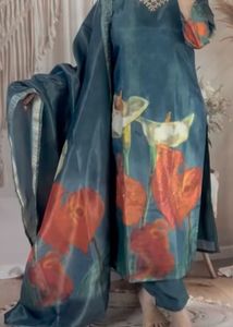 Elegant Teal Kurta Set with Floral Dupatta