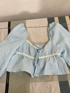 Light Blue Puff Sleeve Crop Top