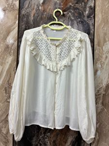 Cream Lace Detail Ruffled Blouse