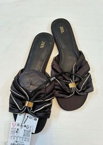 Zara Black Bow Flat Sandals