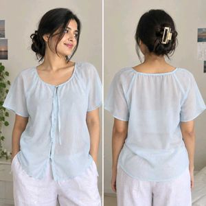Light Blue Tie-Neck Blouse