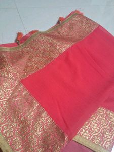 Elegant Red Pink Saree with Golden Border