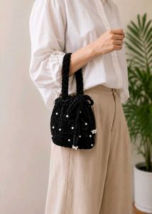 Handmade Black Crochet Pearl Bag🖤