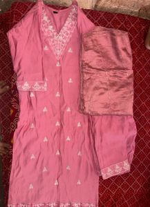 light Pink Kurta Set with White Embroidery