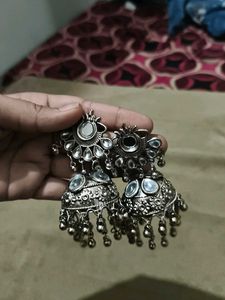 Oxidized Silver Mirror Work Jhumkas