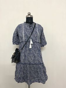 Blue Paisley Tiered Mini Dress