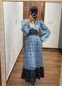 Ditsy Floral Pastel Blue-Black Print Midi Dress