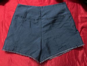 Navy Blue High-Waisted Shorts with Fringe