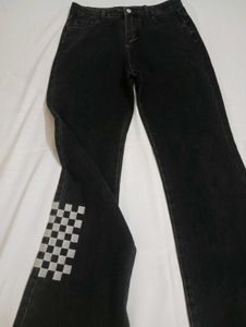 Black Checkerboard Flared Jeans