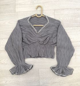 Y2K Ruched V-Neck Blouse with Embellished Cuf