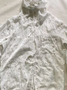 White Floral Button-Up Hooded Top