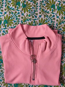 Pink Ribbed Zip Up Top