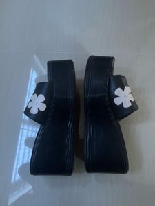 Black Wedge Sandals with Flower Design