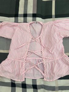 Size (M) Pink Striped Puff Sleeve Top